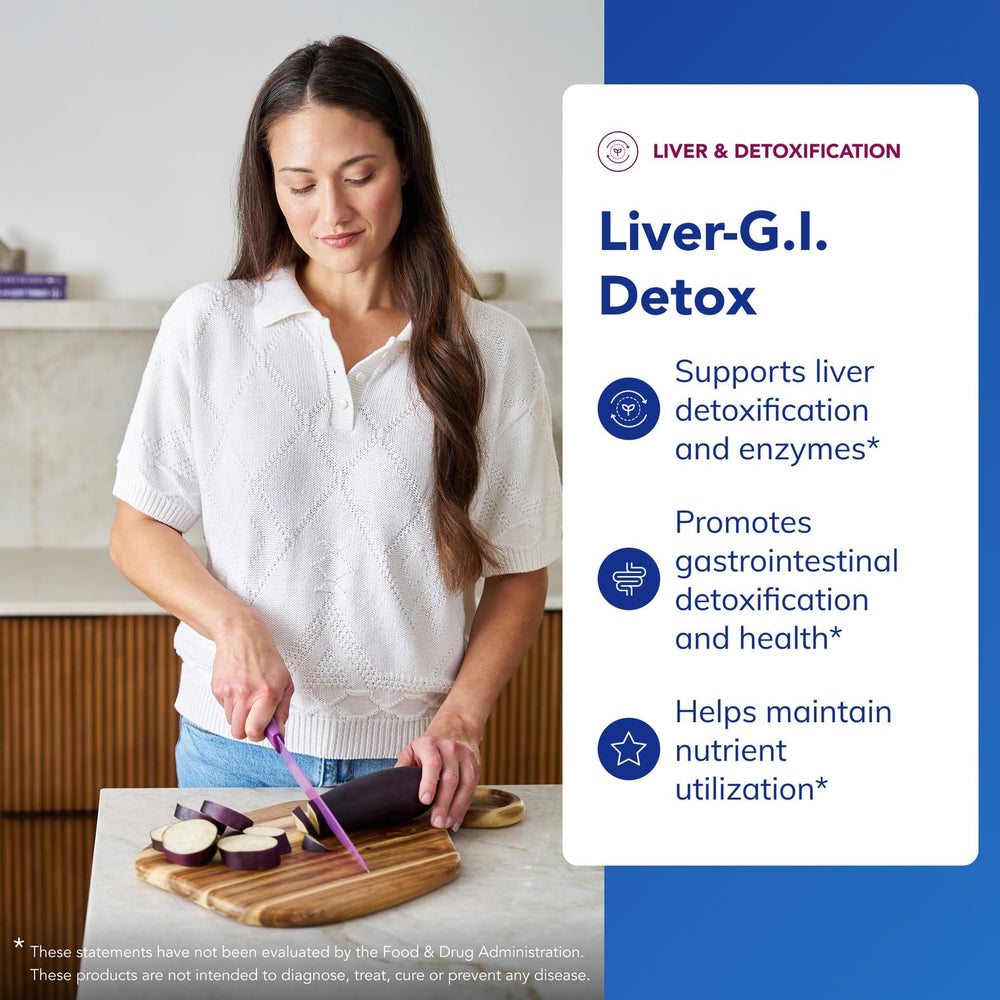 Liver-G.I. Detox ingredients label highlights NAC, curcumin, and milk thistle.