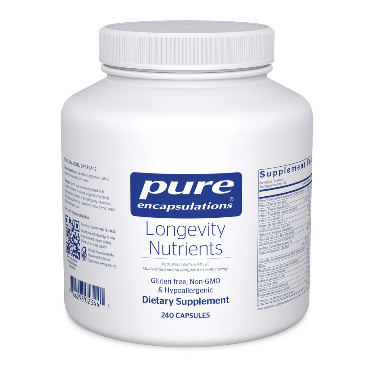 Pure Encapsulations Longevity Nutrients bottle front, healthy aging support