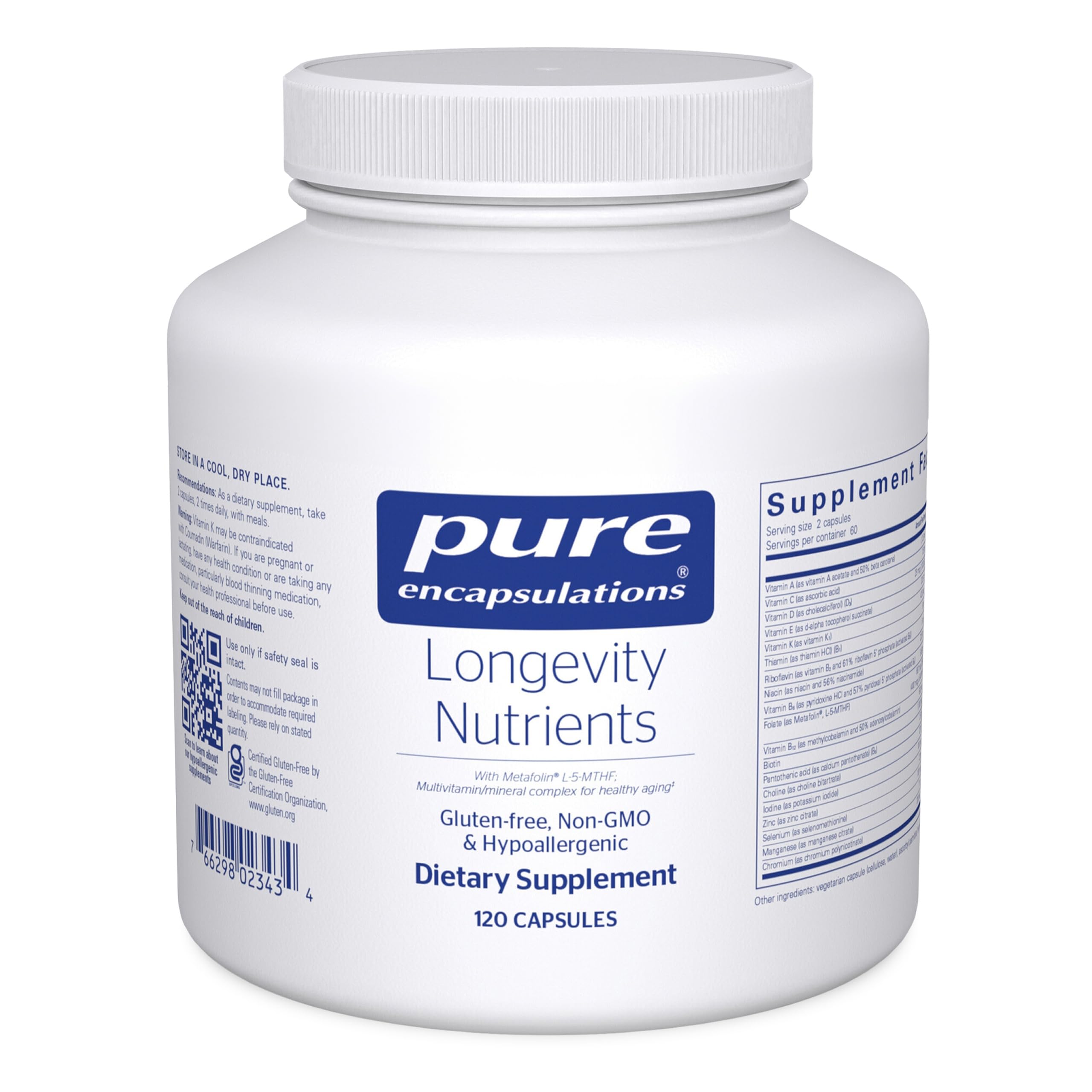 Pure Encapsulations Longevity Nutrients bottle for daily aging-support routine.