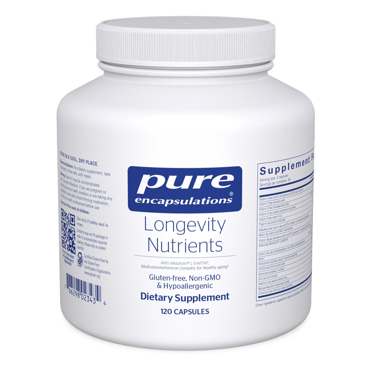 Pure Encapsulations Longevity Nutrients bottle for daily aging-support routine.