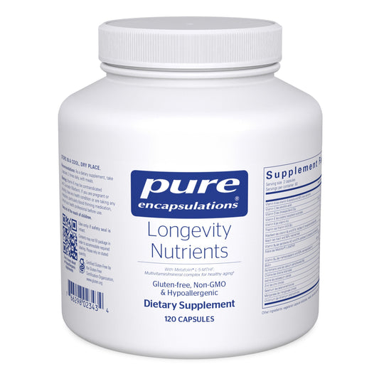 Pure Encapsulations Longevity Nutrients bottle for daily aging-support routine.