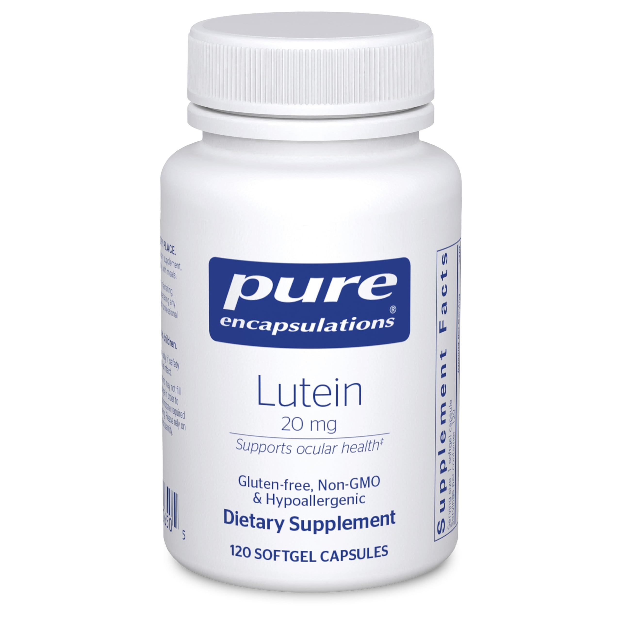 Pure Encapsulations Lutein 20 mg bottle front view supports macular health.