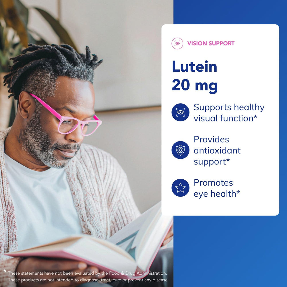 Label design of Pure Encapsulations Lutein 20 mg highlights hypoallergenic formula.