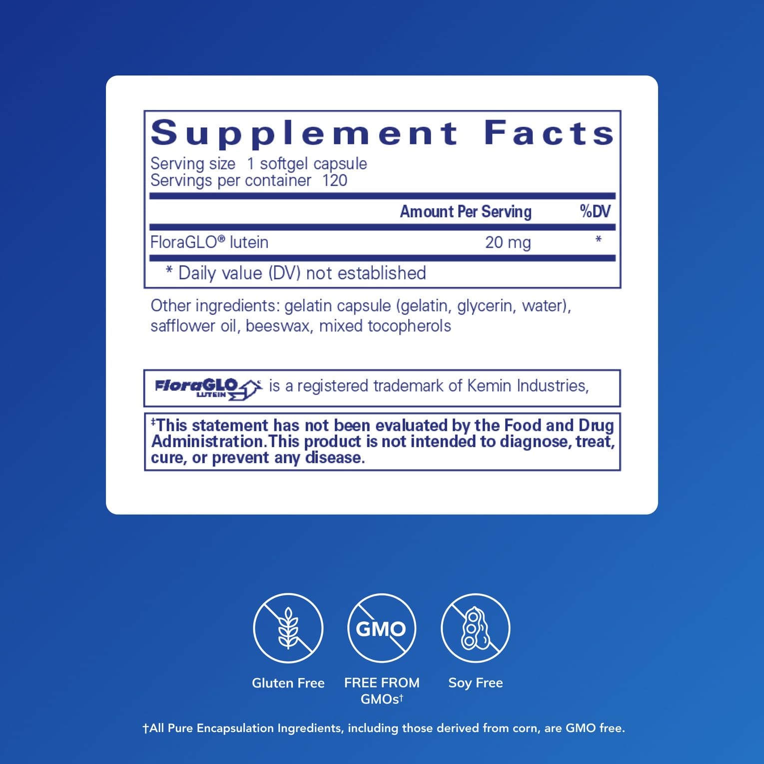 Close-up of Pure Encapsulations Lutein 20 mg softgels for retinal antioxidant support.