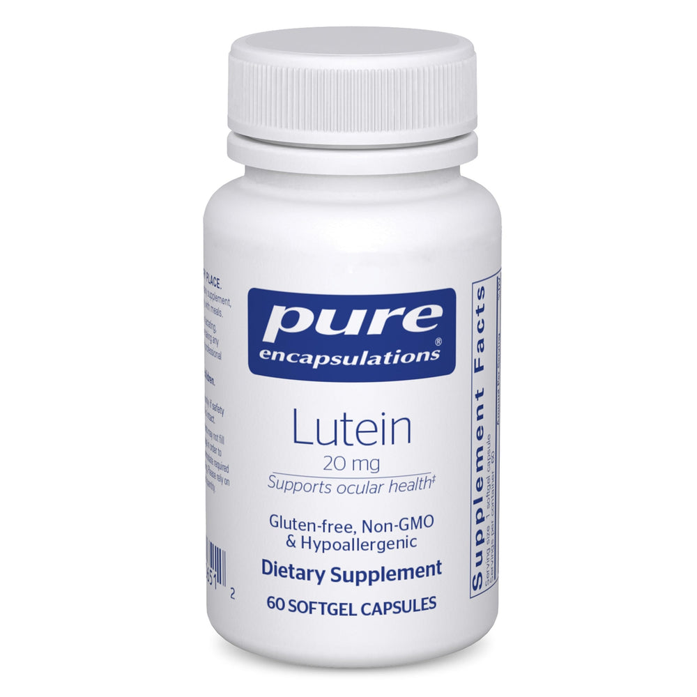 Pure Encapsulations Lutein 20 mg bottle front image highlighting eye health support.