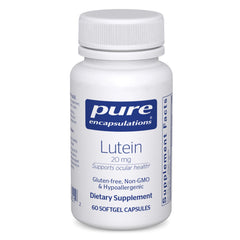 Pure Encapsulations Lutein 20 mg bottle front image highlighting eye health support.