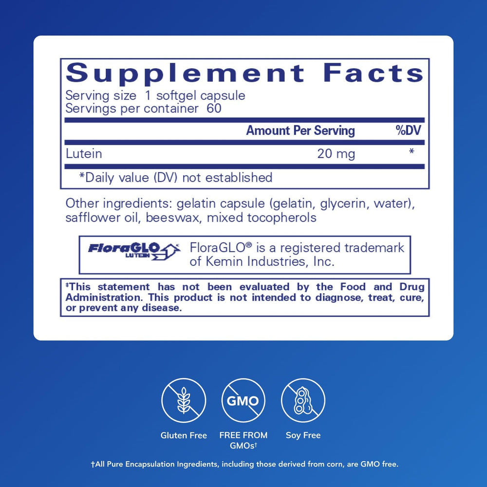 Pure Encapsulations Lutein 20 mg softgel capsules for convenient daily antioxidant nutrition.