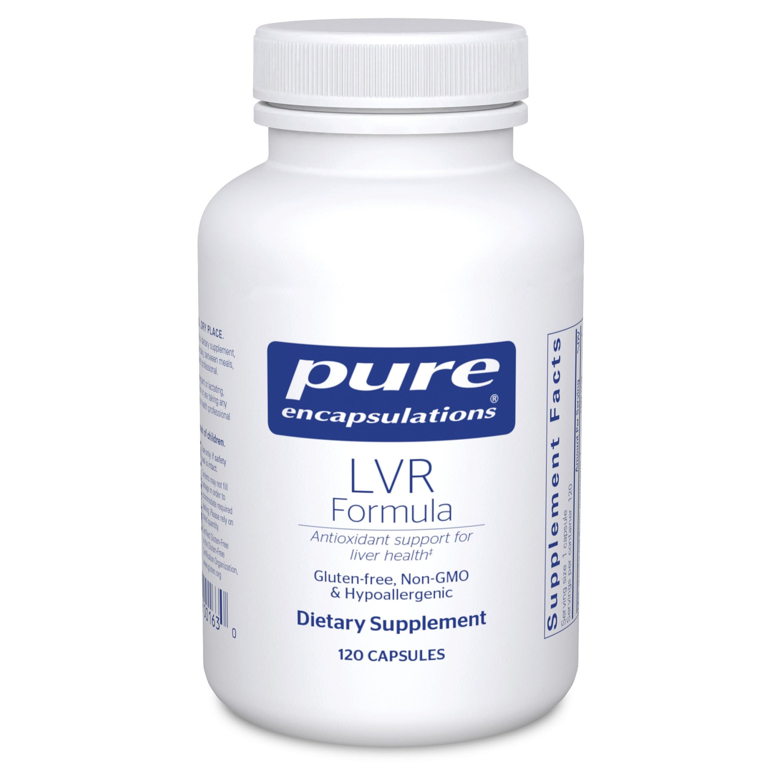 Pure Encapsulations LVR Formula bottle with label, suggesting liver support and antioxidant benefits.