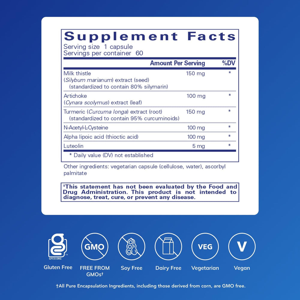 Pure Encapsulations LVR Formula label shows antioxidant blend for liver health