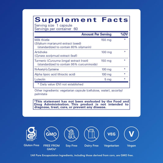 Pure Encapsulations LVR Formula label shows antioxidant blend for liver health