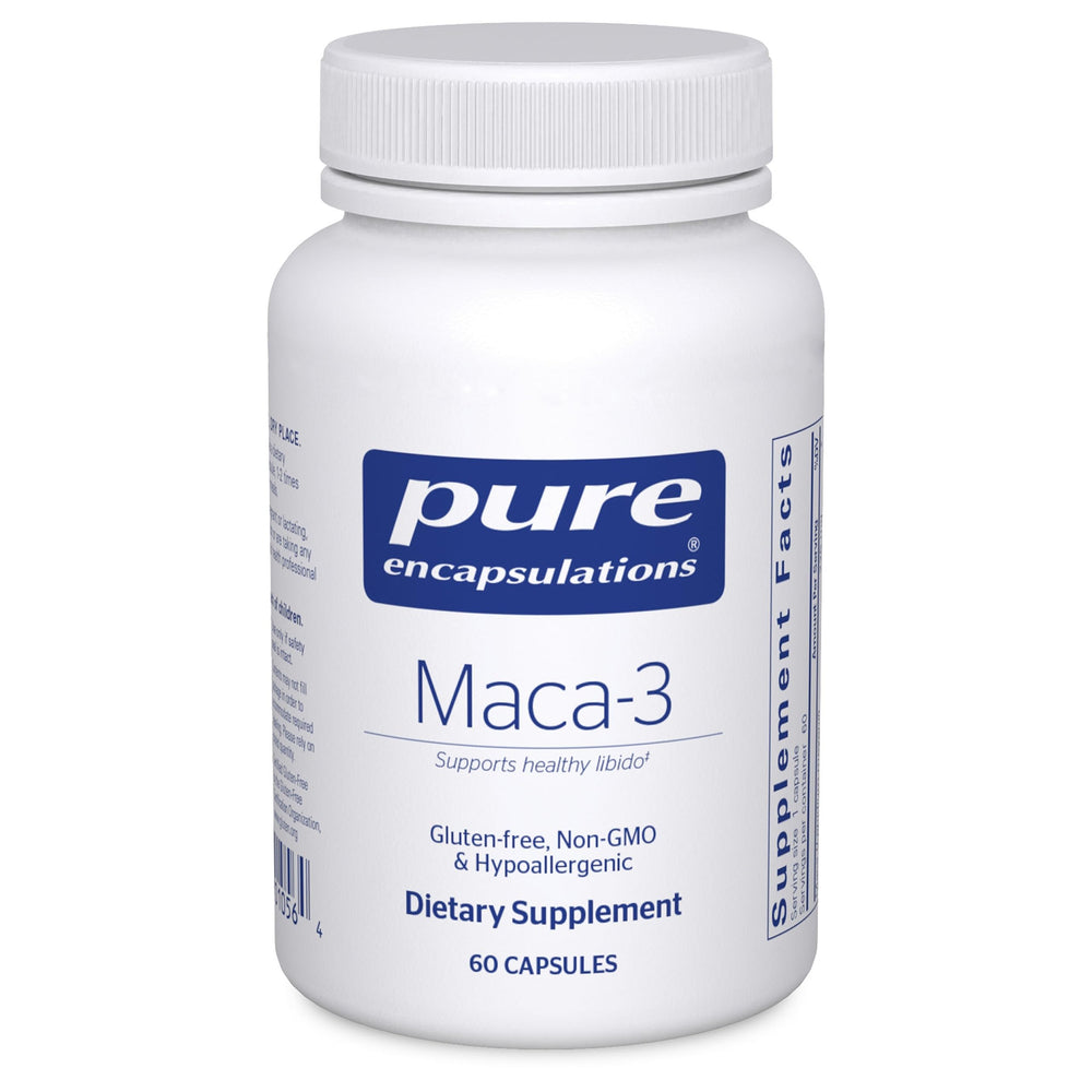 Pure Encapsulations Maca-3 bottle front showing clean design and energy support