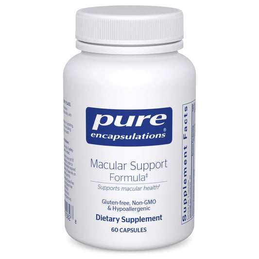 Pure Encapsulations Macular Support bottle with capsules for eye health support.