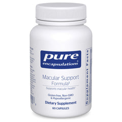 Pure Encapsulations Macular Support bottle with capsules for eye health support.