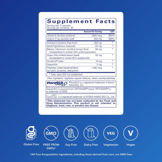 Pure Encapsulations Macular Support capsules on white background for easy dosing.
