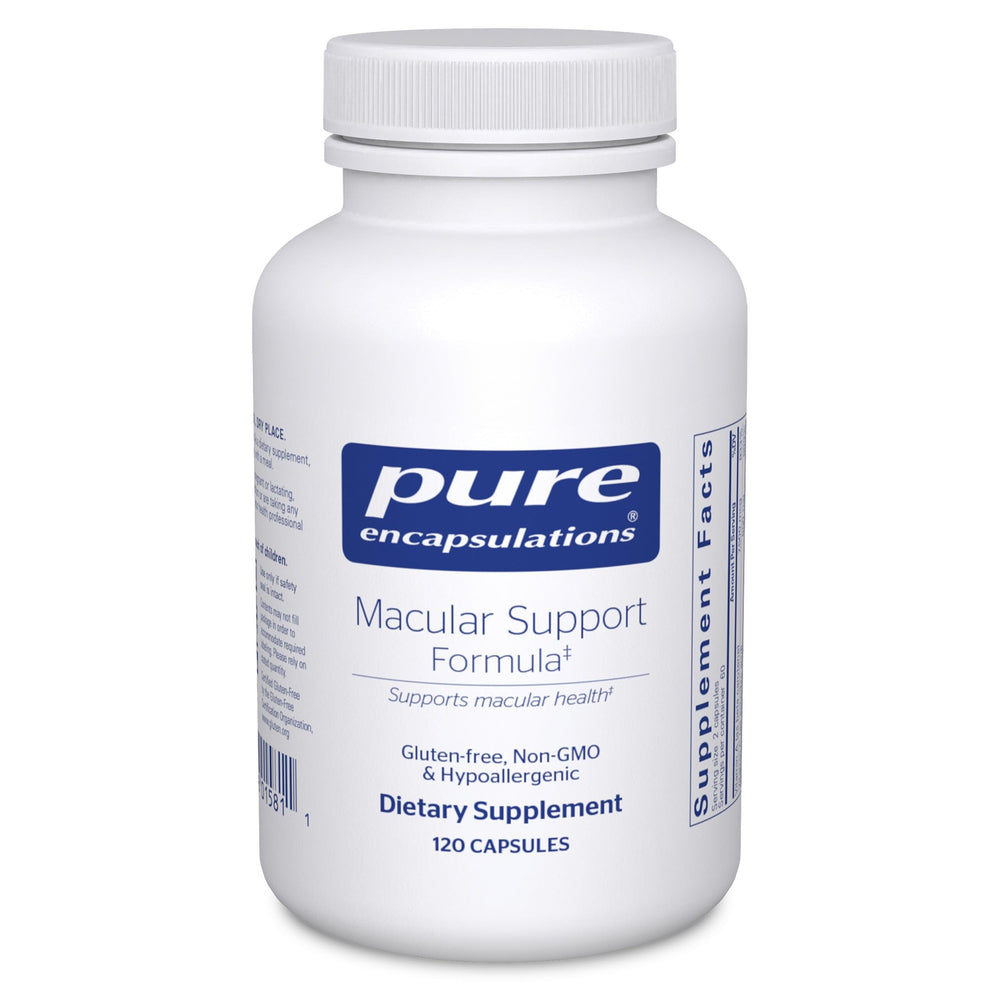 Pure Encapsulations Macular Support Formula bottle and label highlight hypoallergenic formulation.