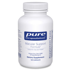 Pure Encapsulations Macular Support Formula bottle and label highlight hypoallergenic formulation.