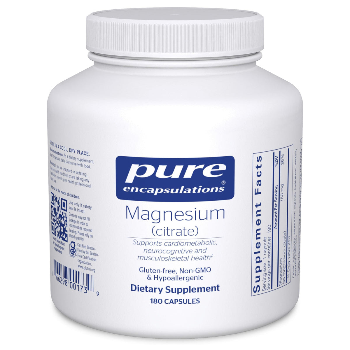 Pure Encapsulations Magnesium Citrate bottle cap with secure seal for daily use.
