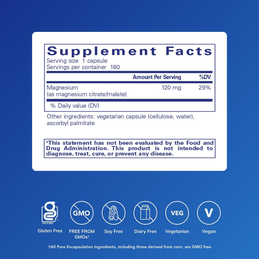 Close-up of Pure Encapsulations Magnesium Citrate Malate capsules for easy daily use