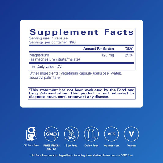Close-up of Pure Encapsulations Magnesium Citrate Malate capsules for easy daily use