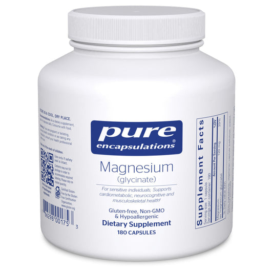 Pure Encapsulations Magnesium Glycinate bottle with pour supports convenient daily stress and sleep balance.