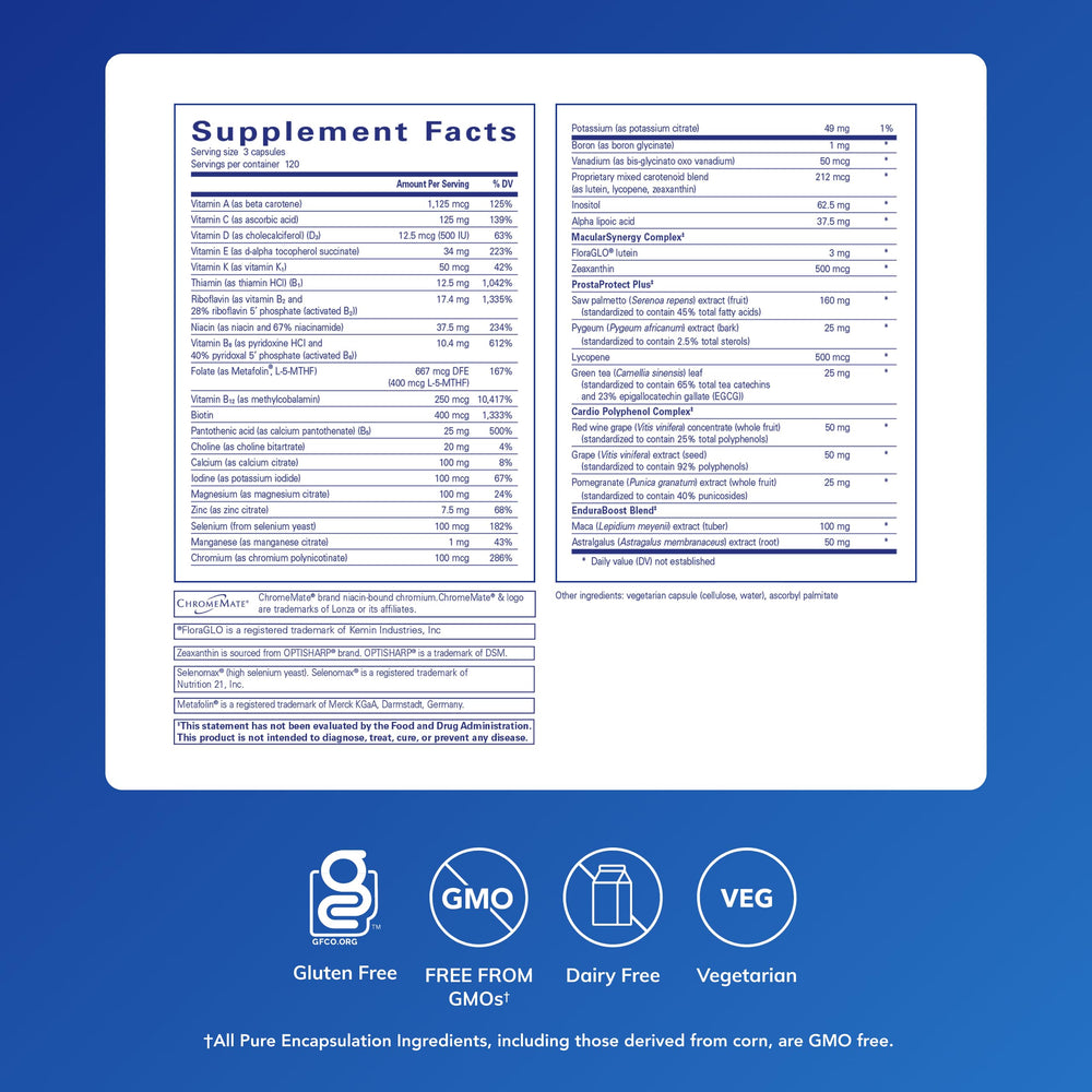 Label close-up of Pure Encapsulations Men's Nutrients showing ingredients