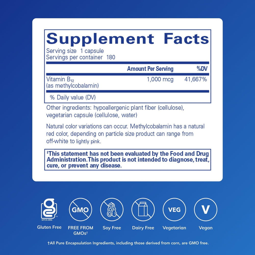 Pure Encapsulations methylcobalamin capsules pack for easy daily B12 supplementation
