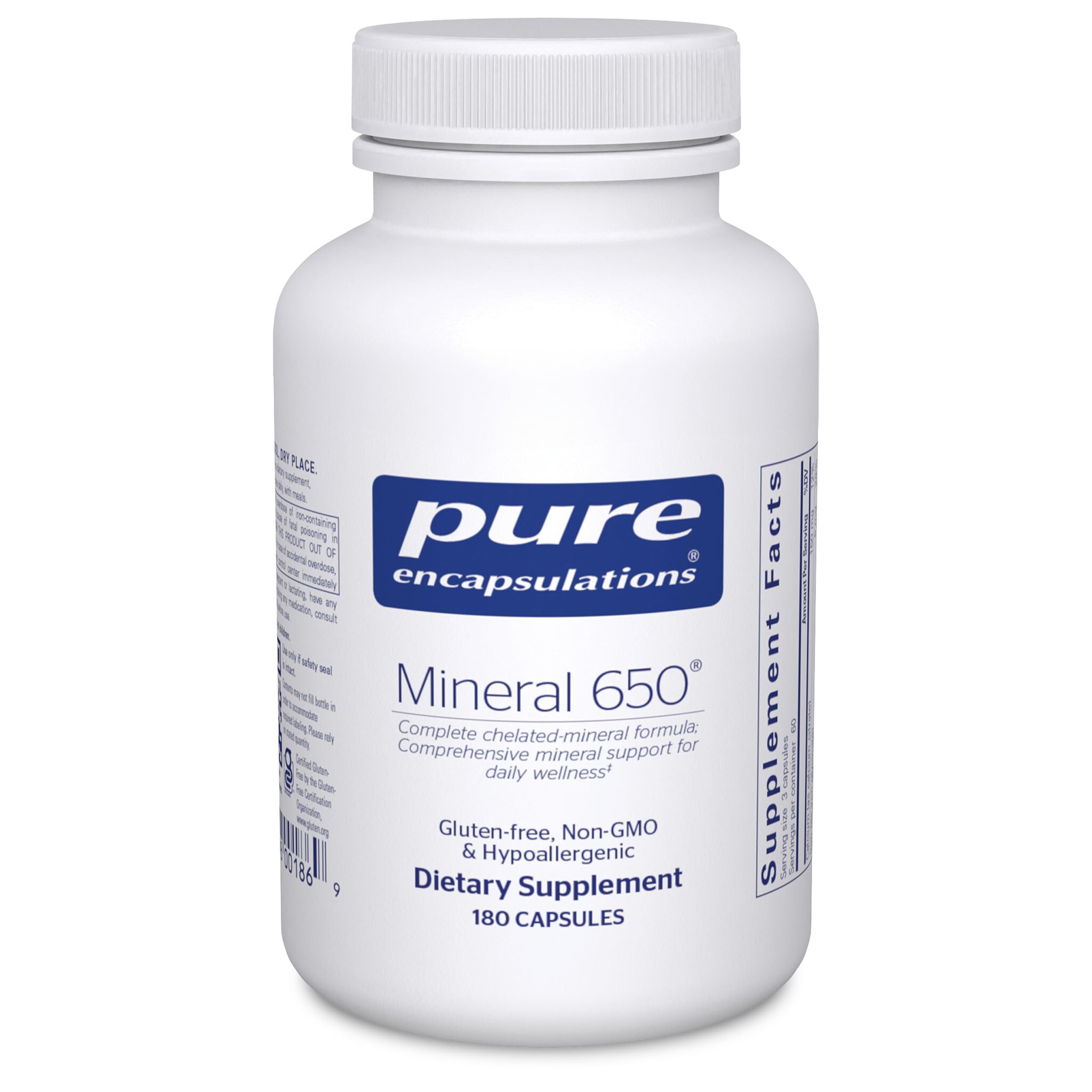 Pure Encapsulations Mineral 650 bottle-front view highlighting a balanced mineral supplement