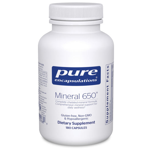 Pure Encapsulations Mineral 650 bottle-front view highlighting a balanced mineral supplement