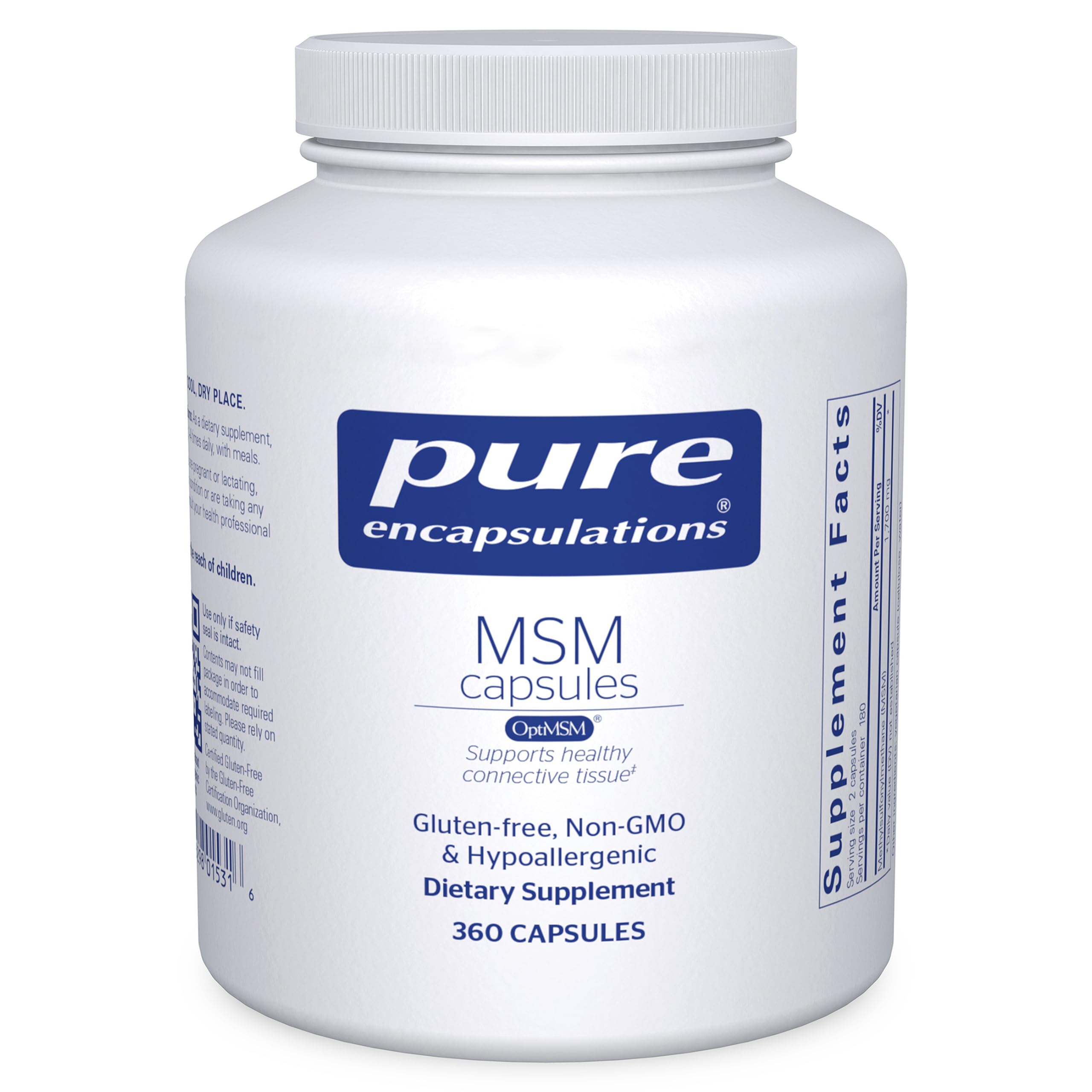 Pure Encapsulations MSM capsules bottle for joint support and connective tissue health.