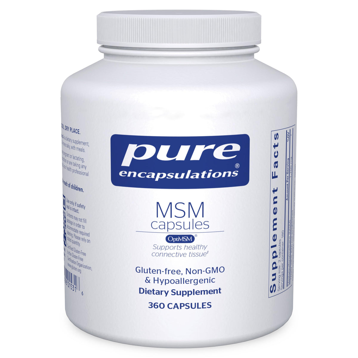 Pure Encapsulations MSM capsules bottle for joint support and connective tissue health.