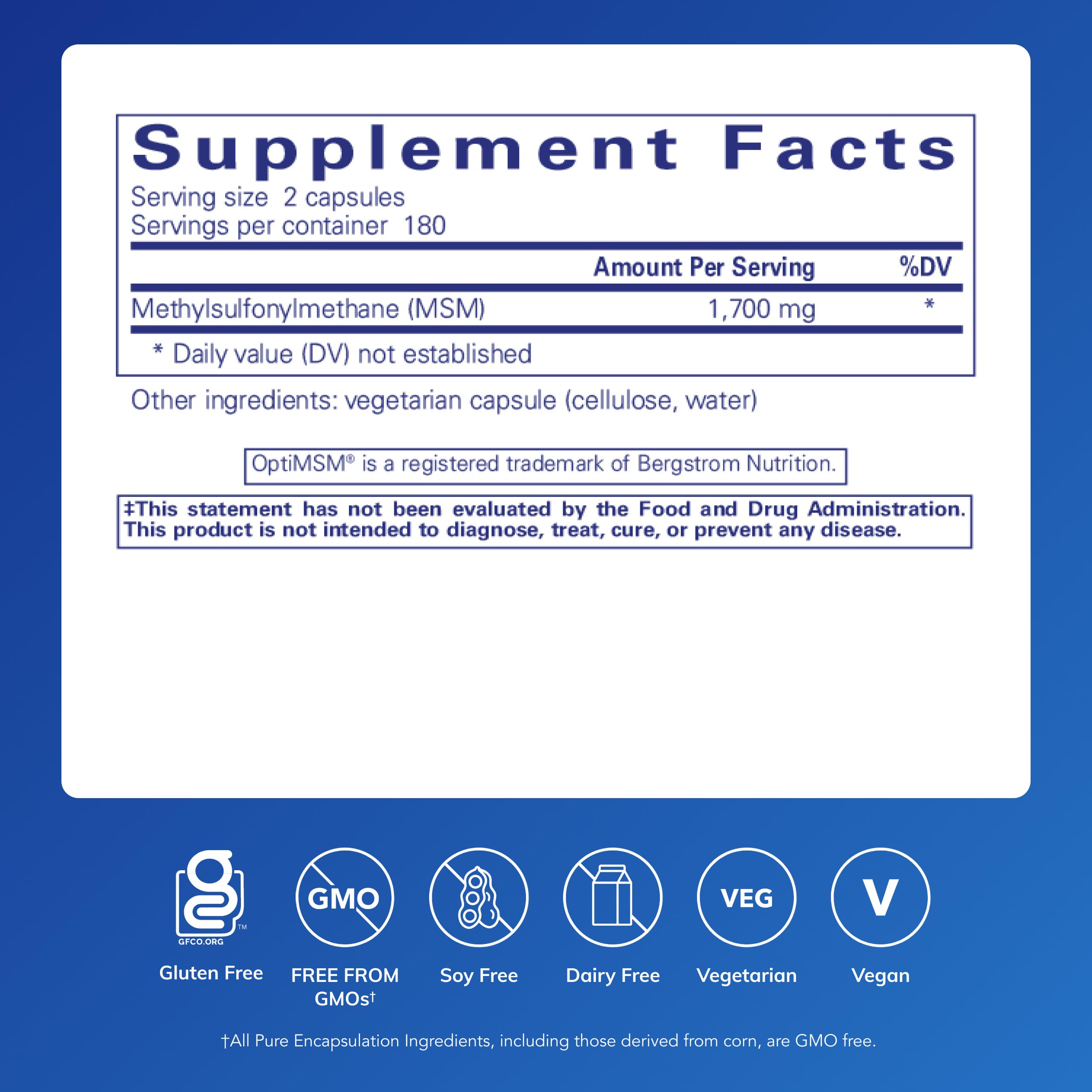 Close-up of Pure Encapsulations MSM label highlighting purity and usage.