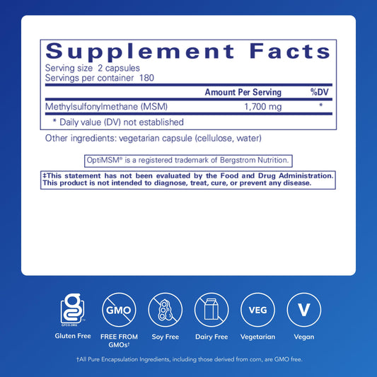 Close-up of Pure Encapsulations MSM label highlighting purity and usage.
