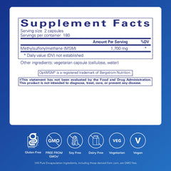Close-up of Pure Encapsulations MSM label highlighting purity and usage.