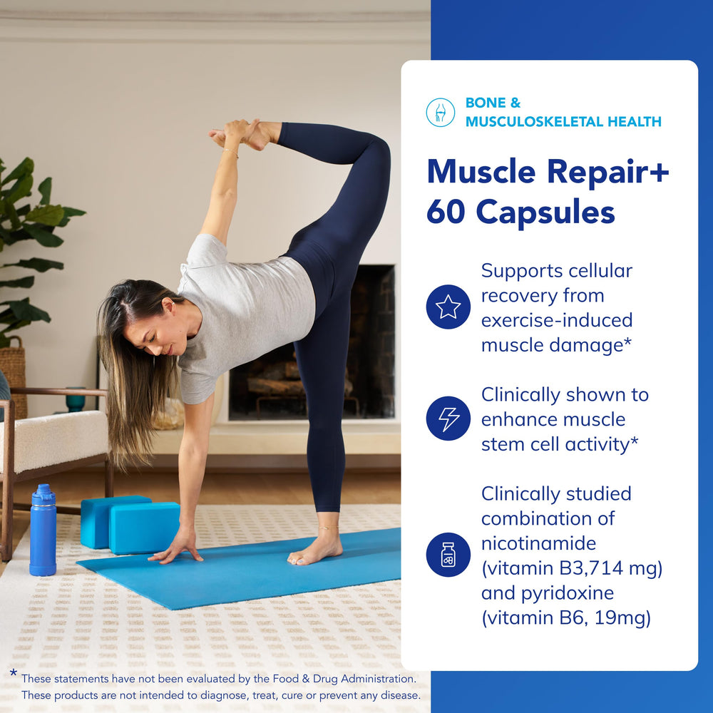 Label for Pure Encapsulations Muscle Repair+ shows ingredients and dosage.