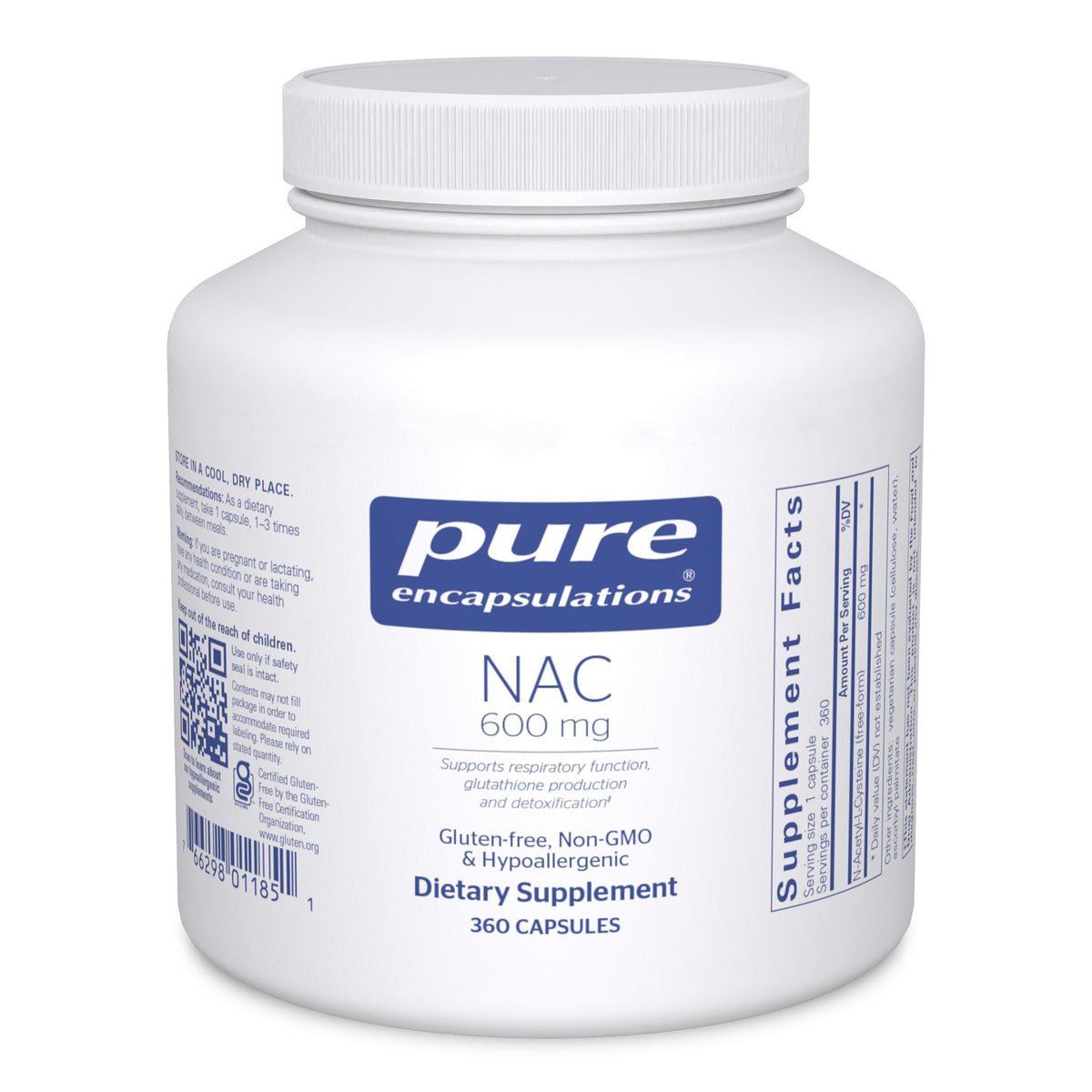 Pure Encapsulations NAC 600 mg bottle front showing antioxidant-support promise.