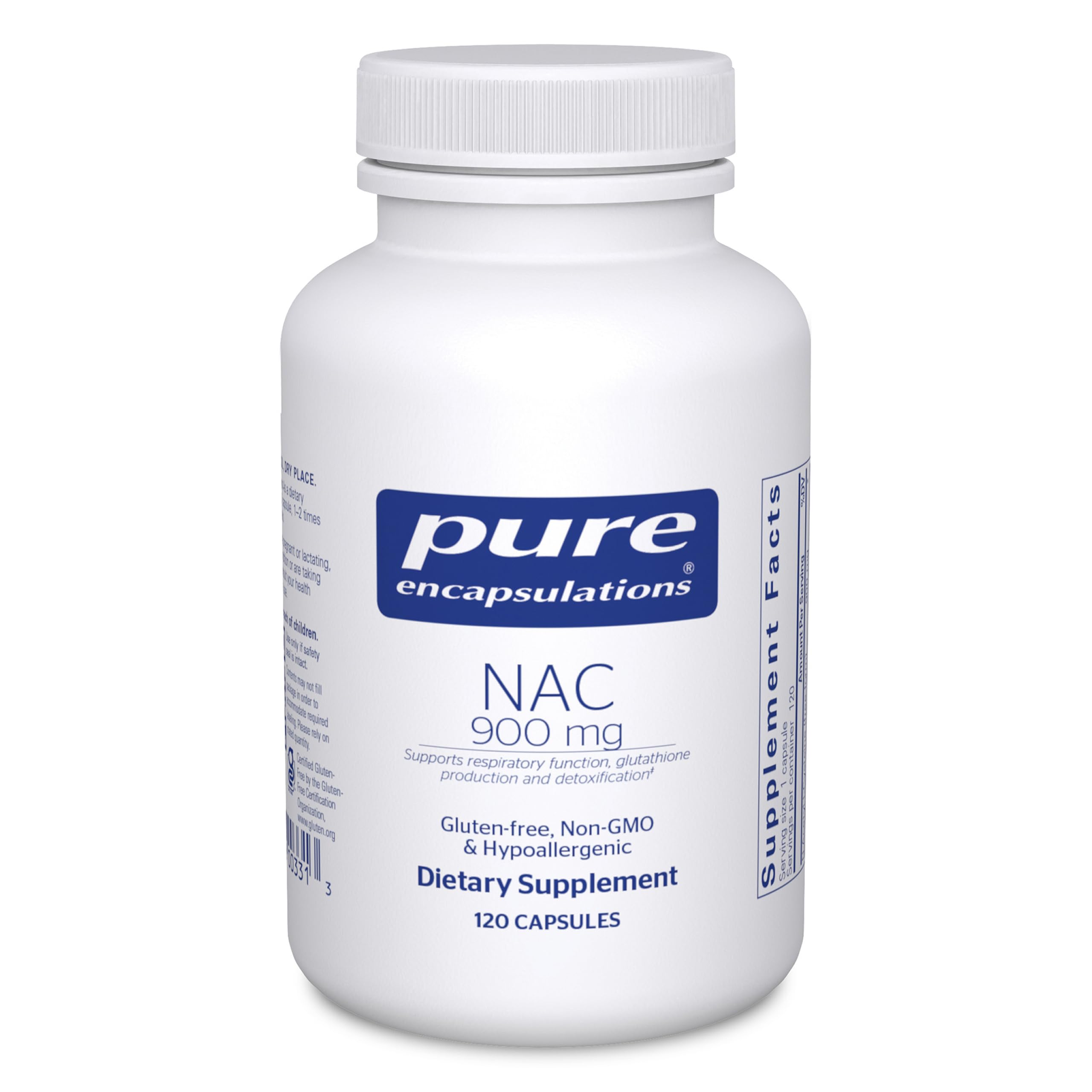 Pure Encapsulations NAC 900 mg bottle with label highlighting lung support potential.