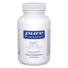Pure Encapsulations NAC 900 mg bottle with label highlighting lung support potential.