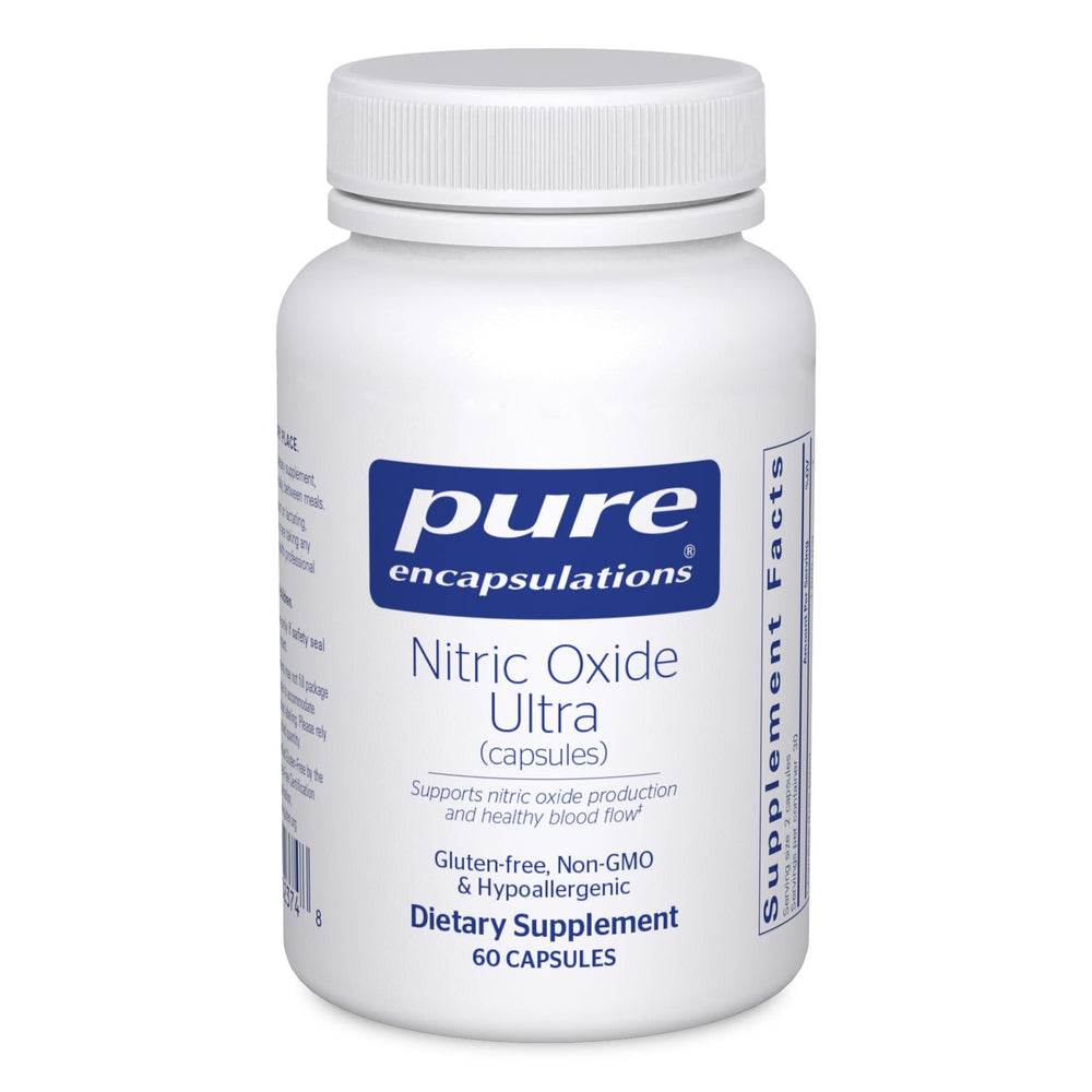 Pure Encapsulations Nitric Oxide Ultra bottle closeup suggesting potential blood flow support