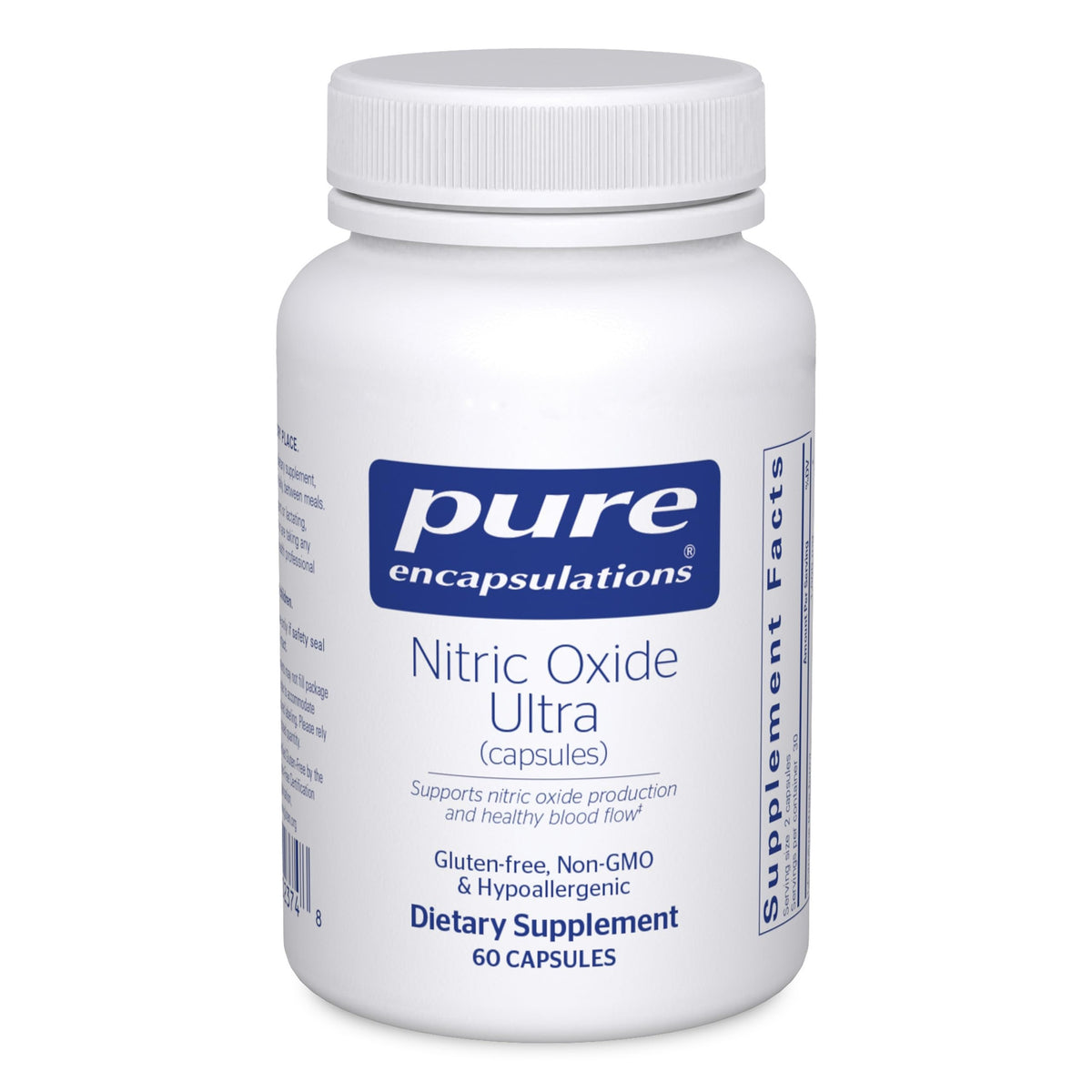 Pure Encapsulations Nitric Oxide Ultra bottle closeup suggesting potential blood flow support