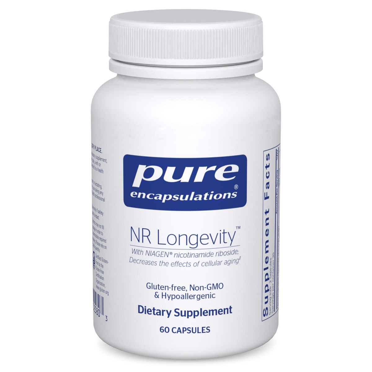Pure Encapsulations NR Lon longevity bottle with capsules and label highlighting NAD support