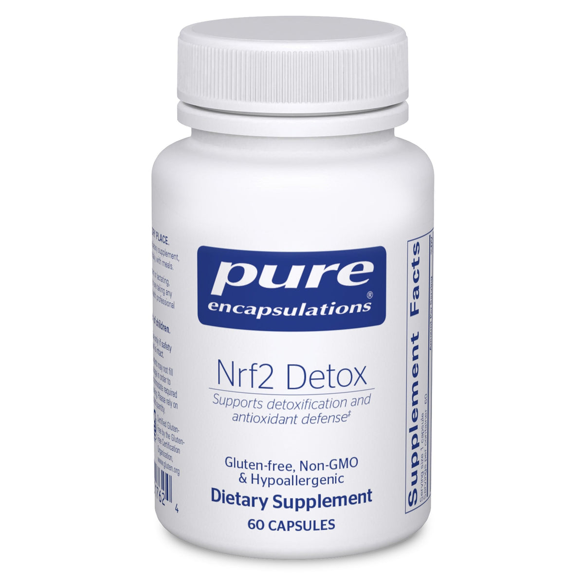 Pure Encapsulations Nrf2 Detox bottle on shelf for daily antioxidant support.