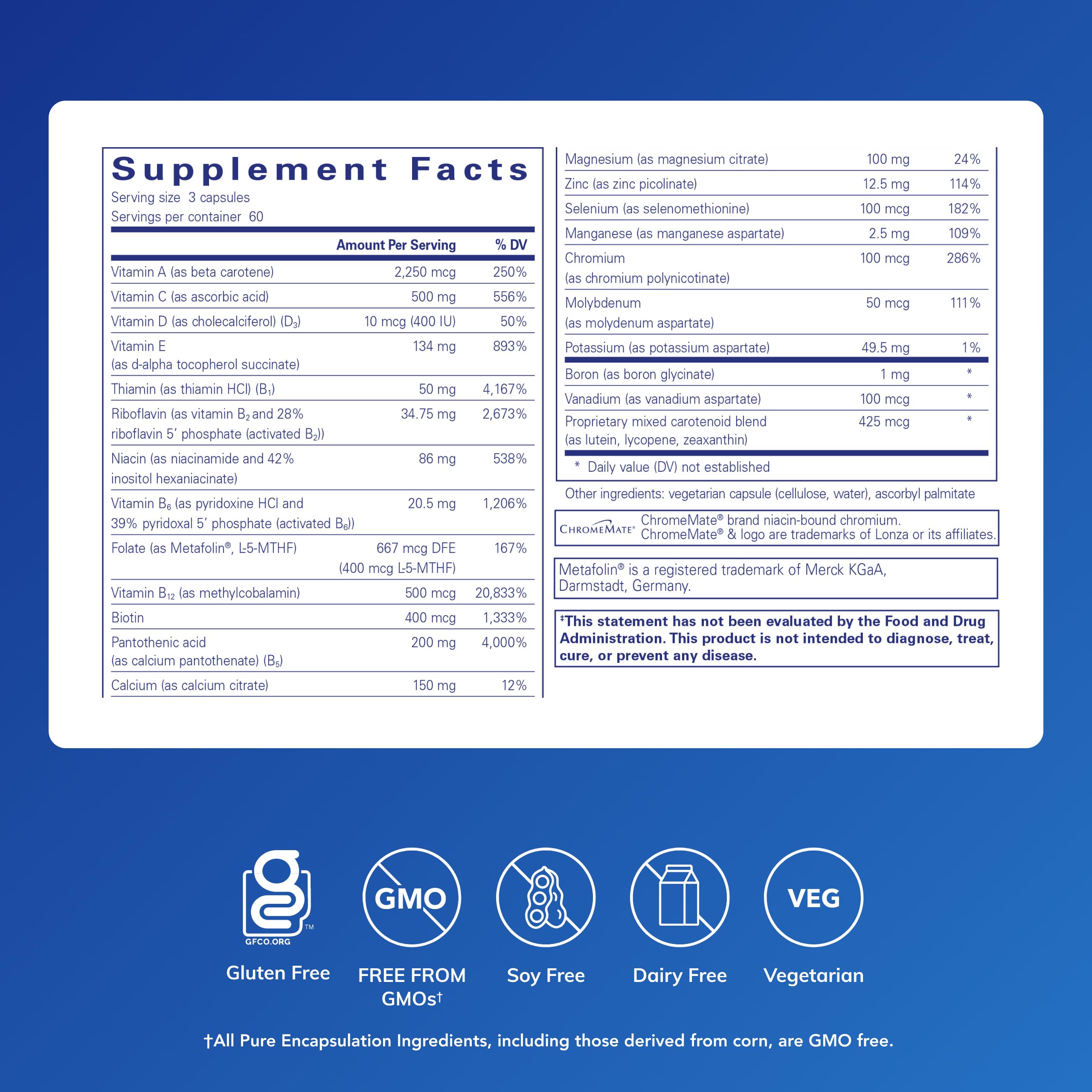 Pure Encapsulations Nutrient 950 bottle back; lists ingredients and directions.