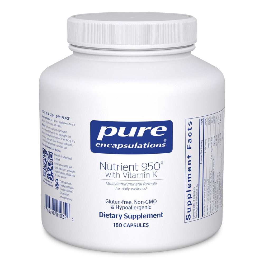 Pure Encapsulations Nutrient 950 bottle front; gluten-free, non-GMO multivitamin.