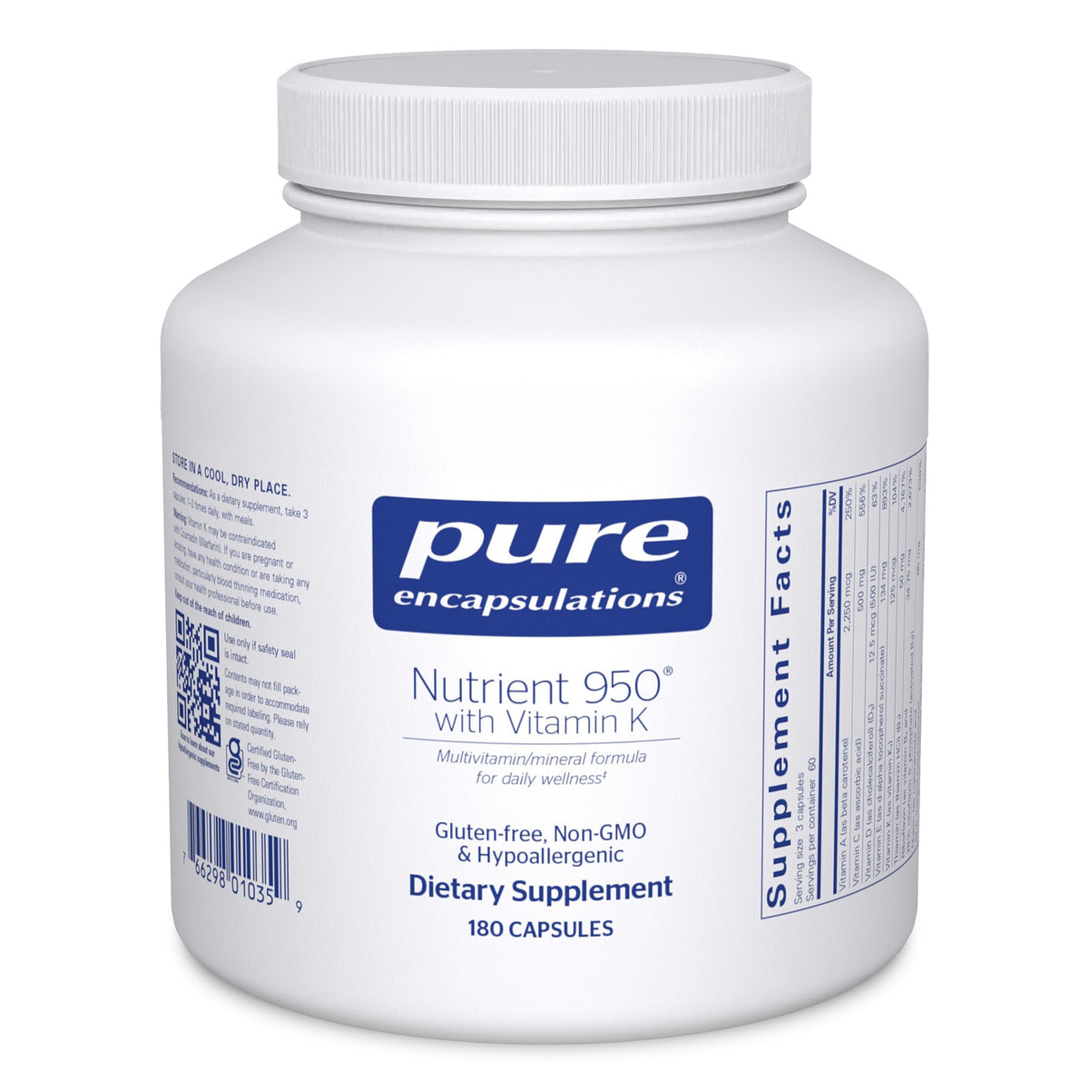 Pure Encapsulations Nutrient 950 bottle front; gluten-free, non-GMO multivitamin.