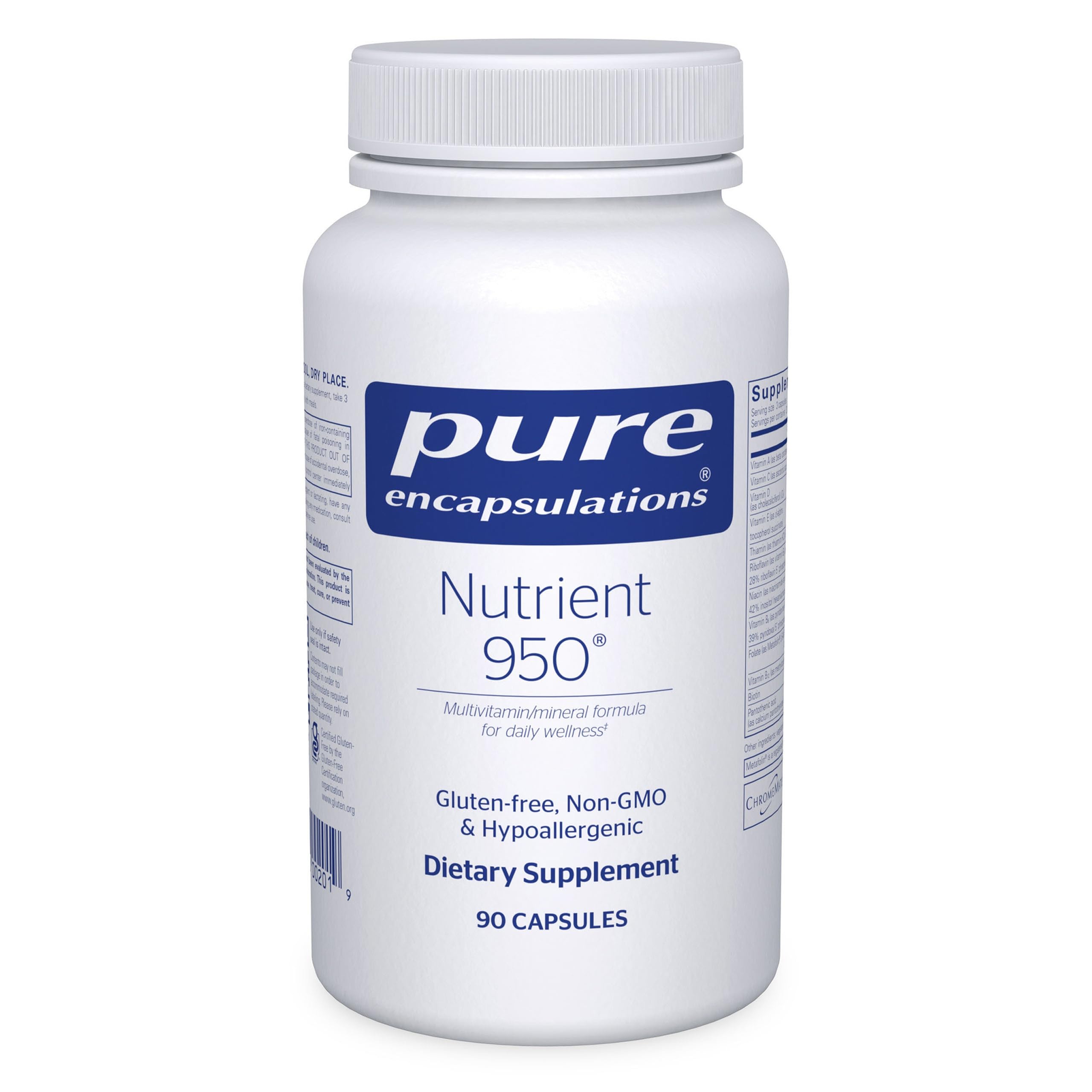 Pure Encapsulations Nutrient 950 bottle front highlights hypoallergenic multivitamin support for daily wellness.