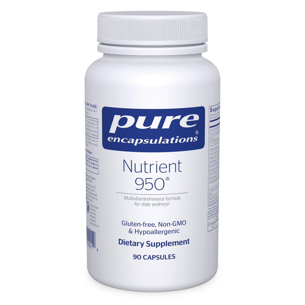 Pure Encapsulations Nutrient 950 bottle front highlights hypoallergenic multivitamin support for daily wellness.