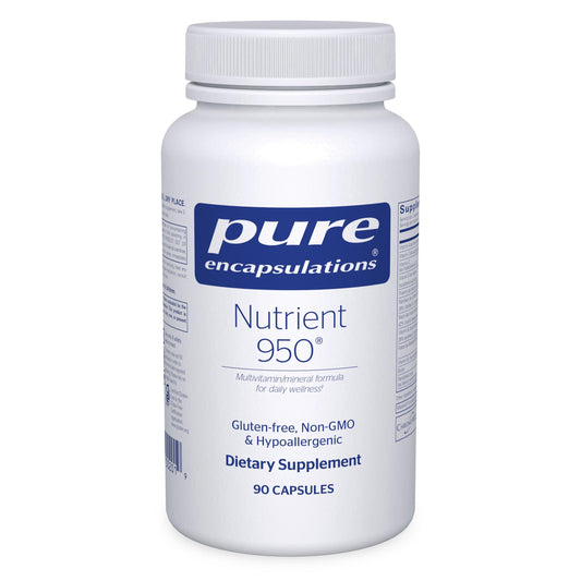 Pure Encapsulations Nutrient 950 bottle front highlights hypoallergenic multivitamin support for daily wellness.