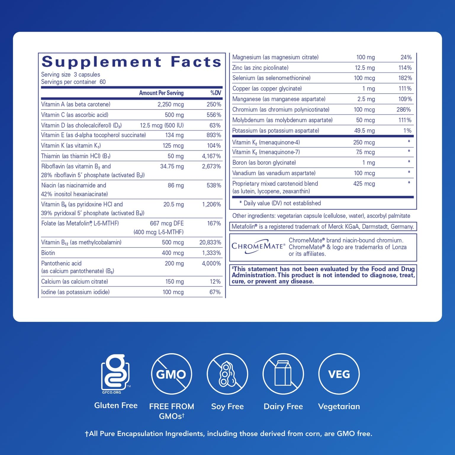 Pure Encapsulations Nutrient 950 capsules closeup; chelated minerals for better absorption.