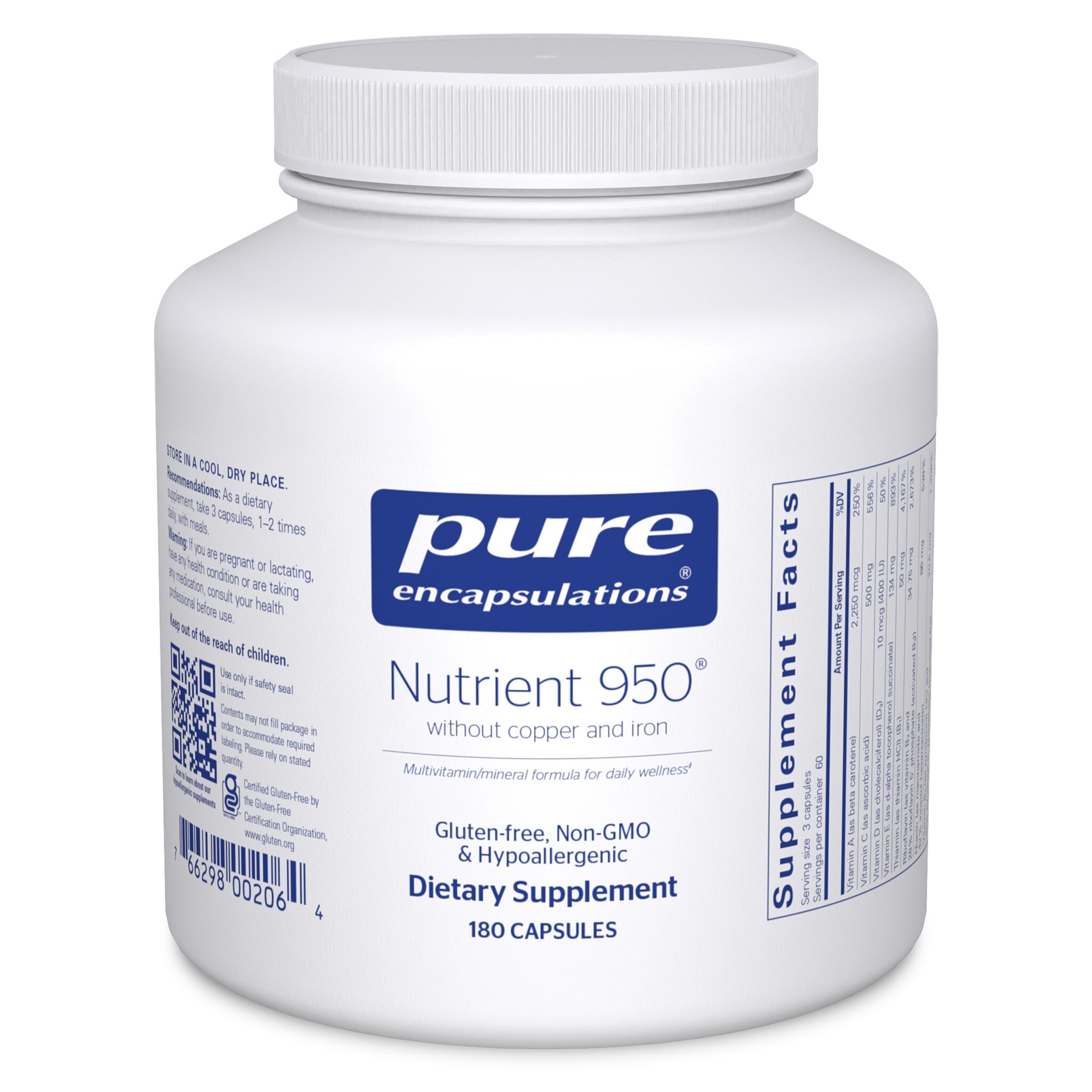 Pure Encapsulations Nutrient 950 bottle with front label highlighting hypoallergenic formula.