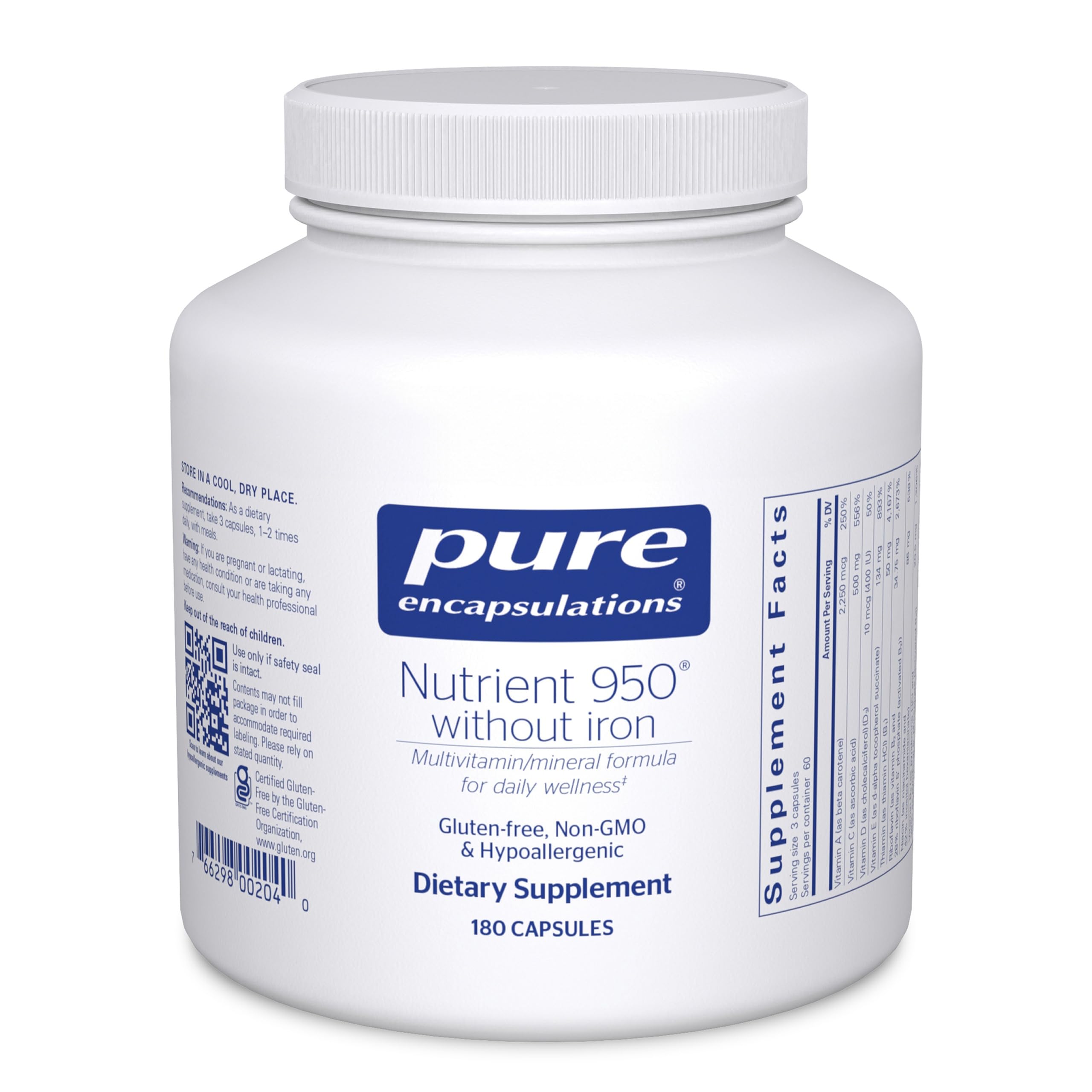 Pure Encapsulations Nutrient 950 without Iron bottle front supports daily nutritional balance